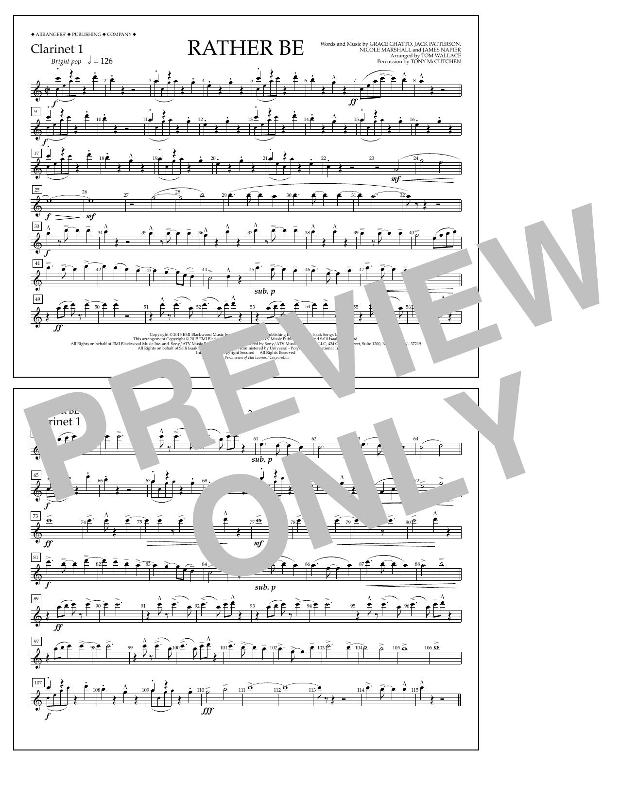 Download Tom Wallace Rather Be - Clarinet 1 Sheet Music