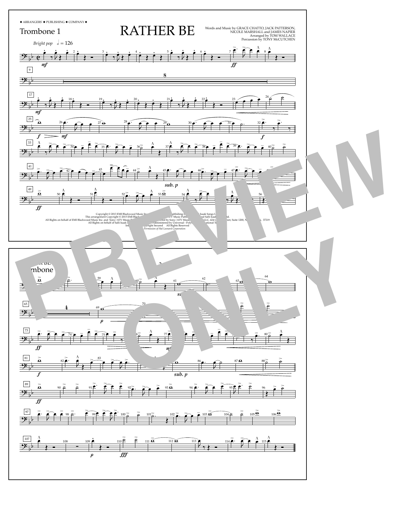 Download Tom Wallace Rather Be - Trombone 1 Sheet Music