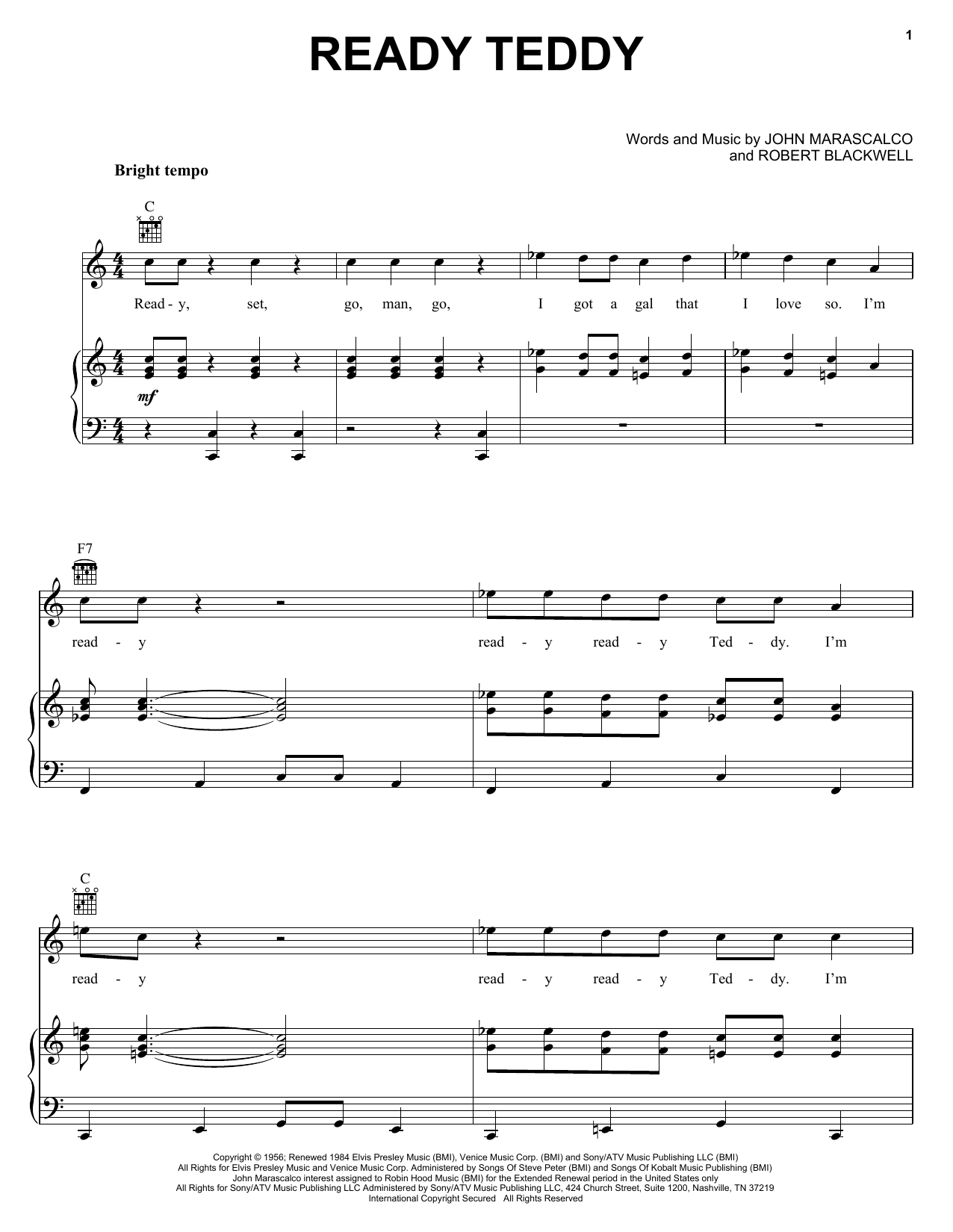 Elvis Presley Ready Teddy sheet music notes printable PDF score