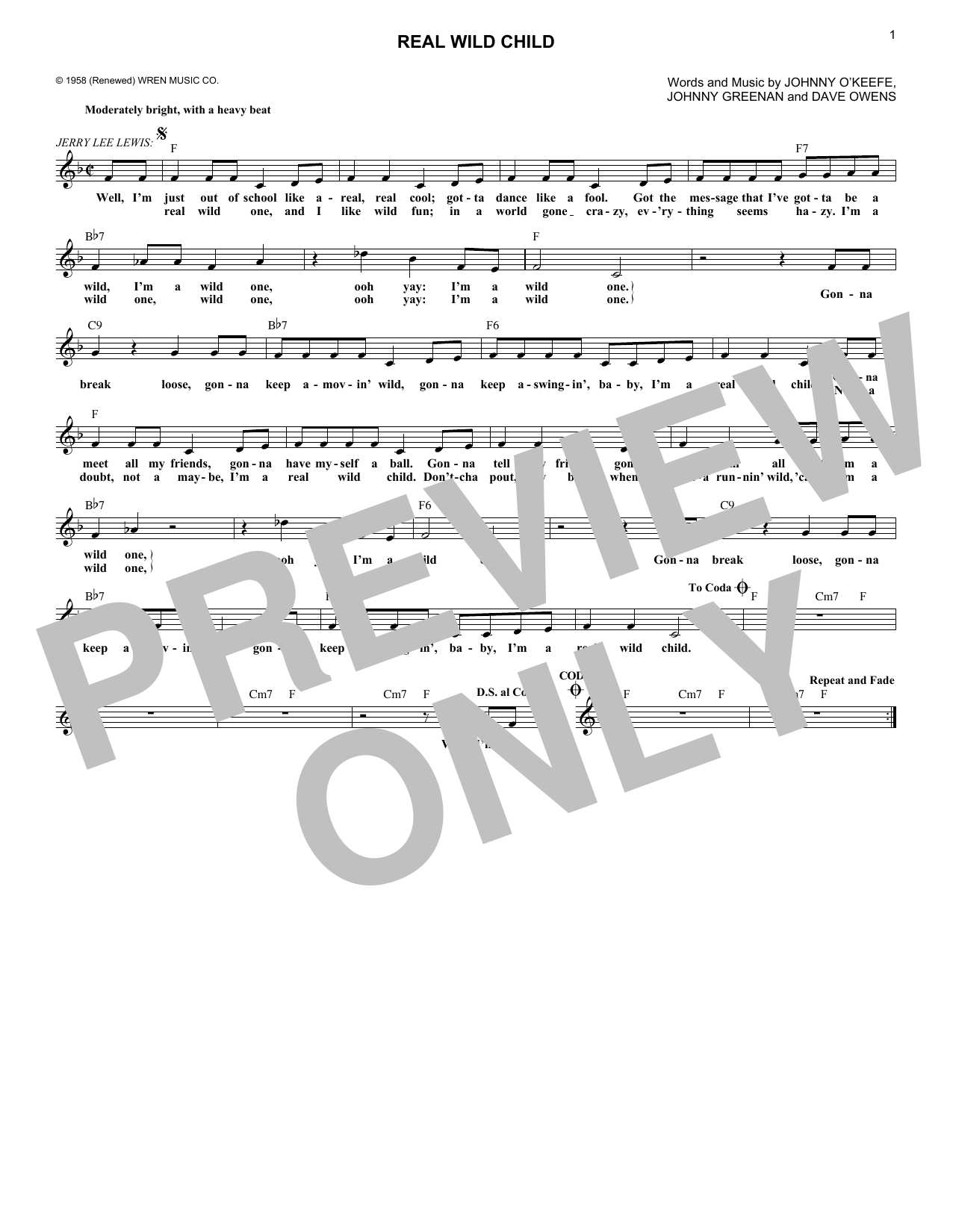 Download Johnny O'Keefe Real Wild Child Sheet Music