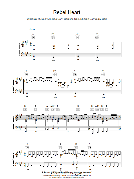 The Corrs Rebel Heart sheet music notes printable PDF score