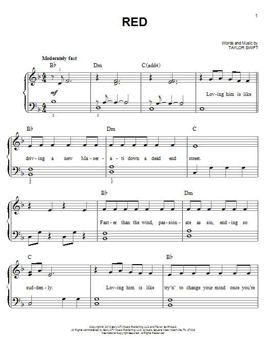 Download Taylor Swift Red Sheet Music