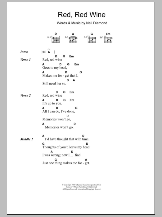 Download Tony Tribe Red, Red Wine Sheet Music