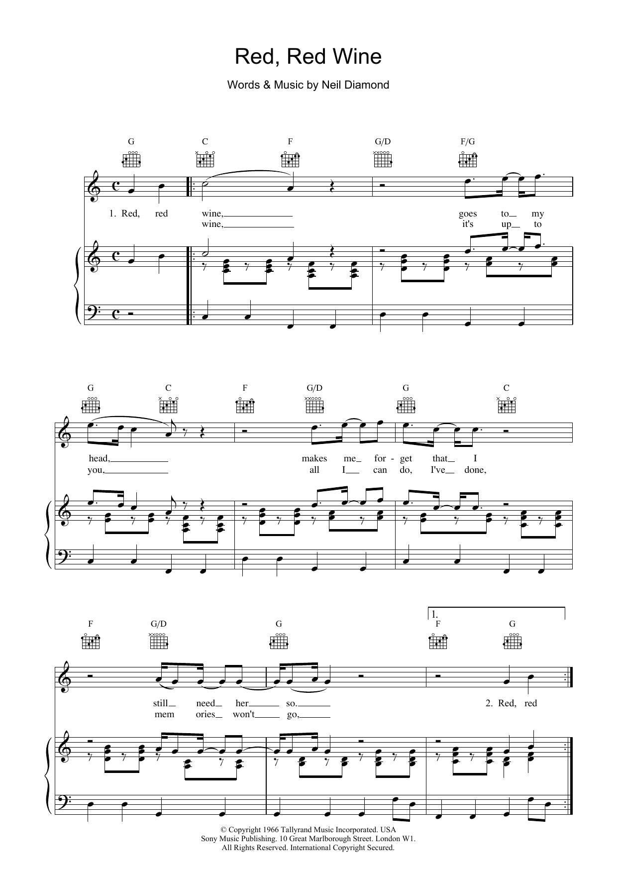 UB40 Red, Red Wine sheet music notes printable PDF score