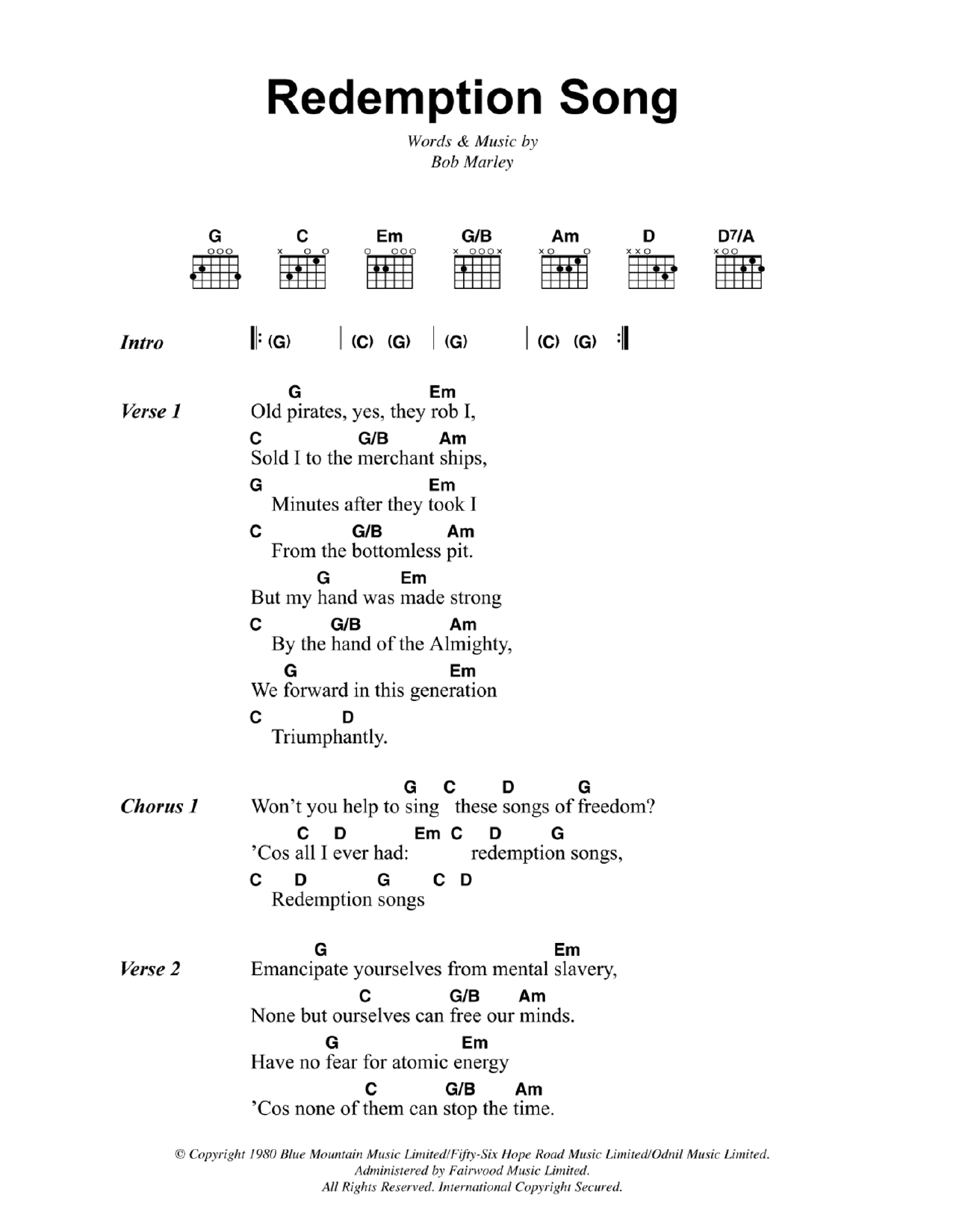 Download Bob Marley Redemption Song Sheet Music