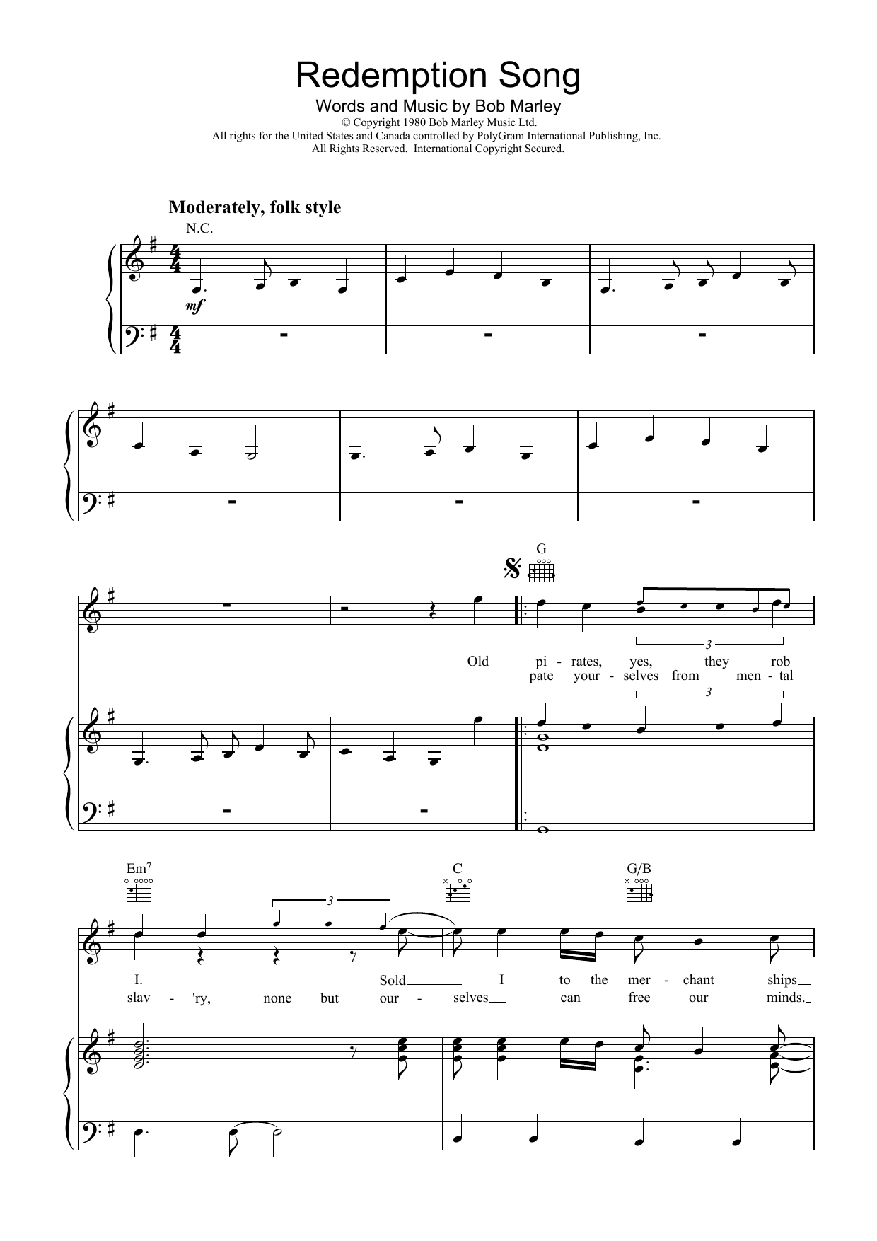 Download Bob Marley Redemption Song Sheet Music