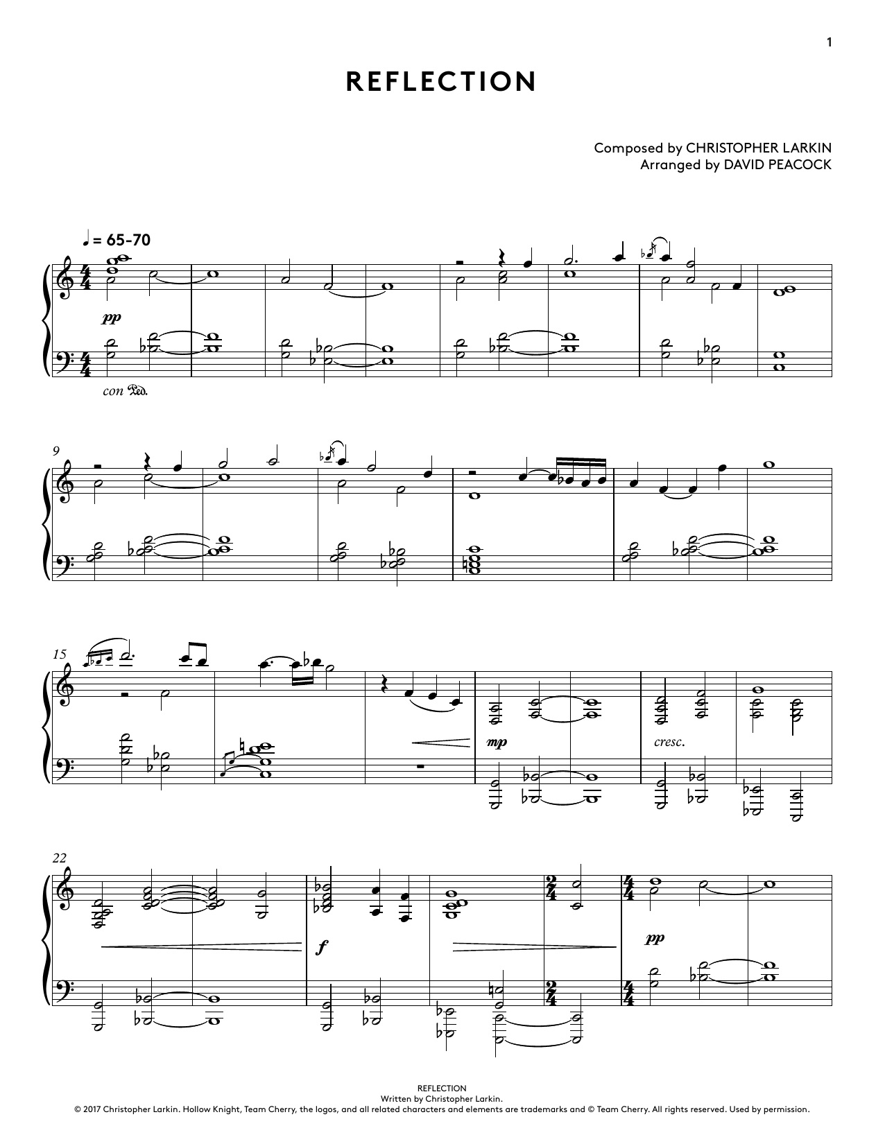 Download Christopher Larkin Reflection (from Hollow Knight Piano Co Sheet Music