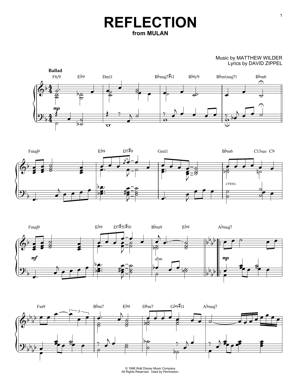 Download David Zippel Reflection [Jazz version] (from Disney' Sheet Music