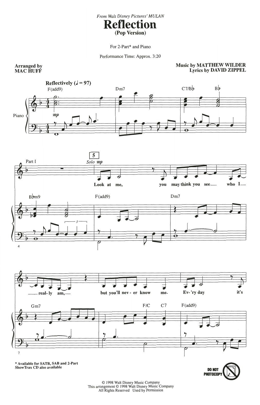 Download Christina Aguilera Reflection (Pop Version) (from Mulan) ( Sheet Music