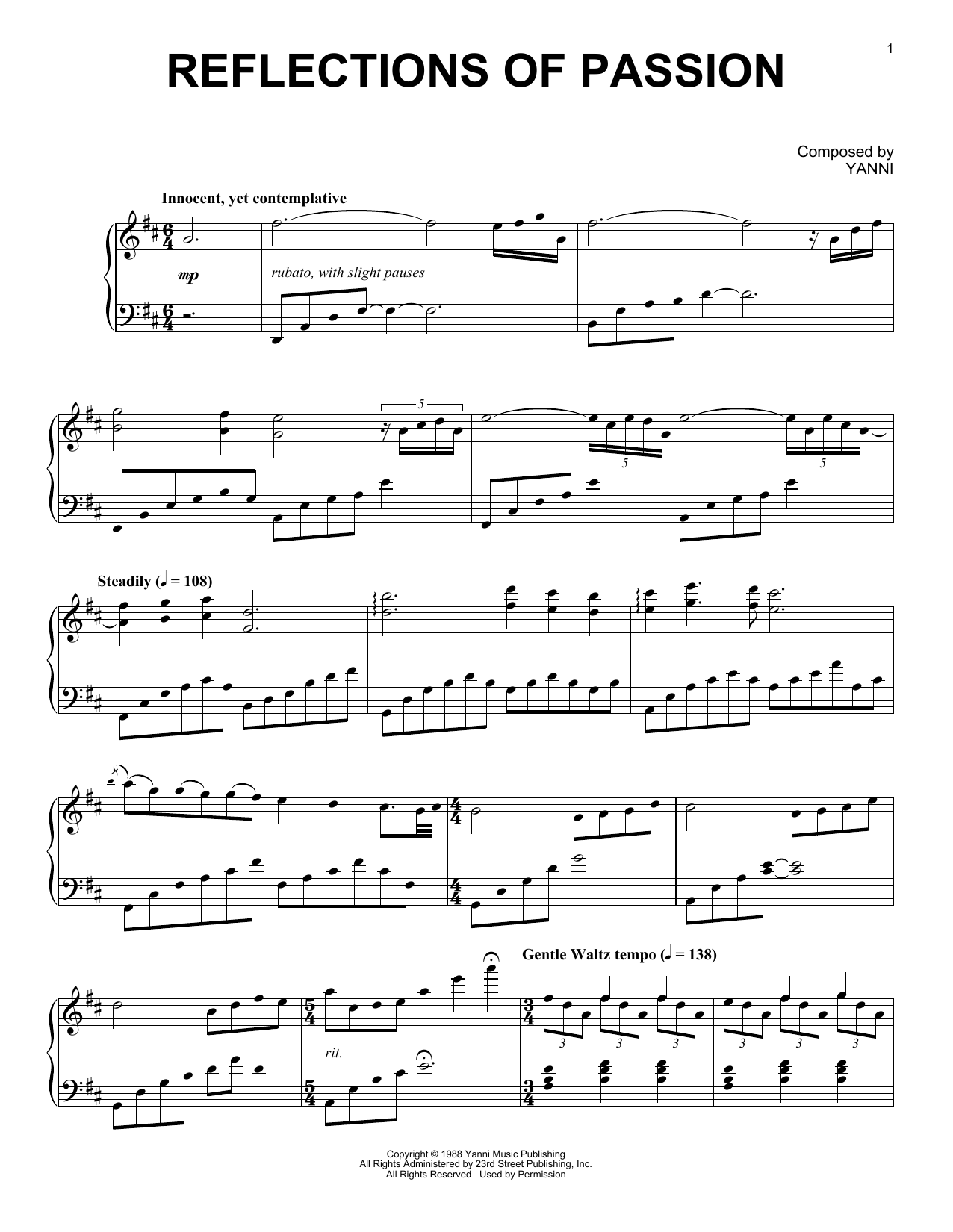 Download Yanni Reflections Of Passion Sheet Music