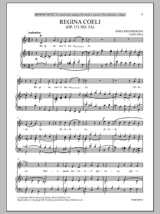 Download Josef Rheinberger Regina Coeli, Op. 171, No. 5 Sheet Music