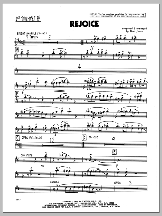 Download Thad Jones Rejoice - 1st Bb Trumpet Sheet Music