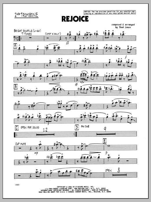 Download Thad Jones Rejoice - 2nd Trombone Sheet Music