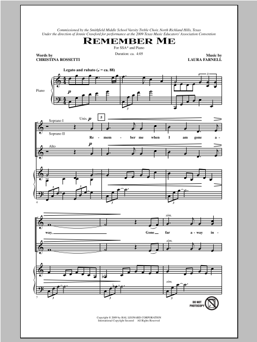 Download Laura Farnell Remember Me Sheet Music
