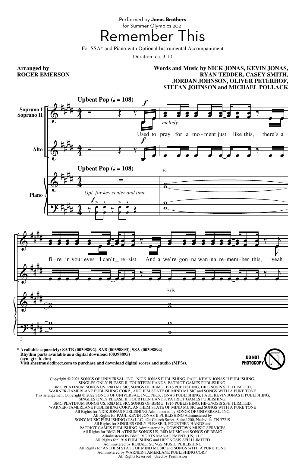 Download Jonas Brothers Remember This (arr. Roger Emerson) Sheet Music