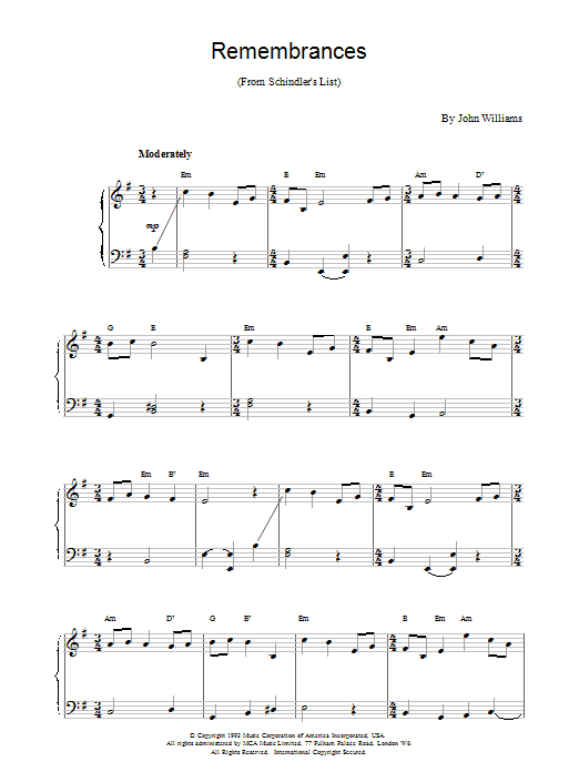 John Williams Remembrances (from Schindler's List) sheet music notes printable PDF score