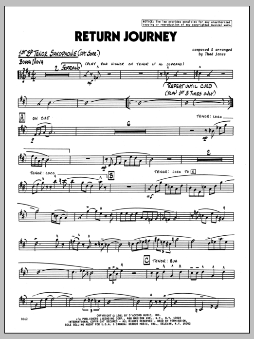 Download Thad Jones Return Journey - 1st Bb Tenor Saxophone Sheet Music