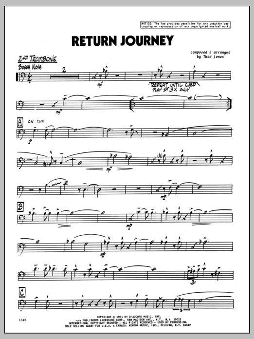 Download Thad Jones Return Journey - 2nd Trombone Sheet Music