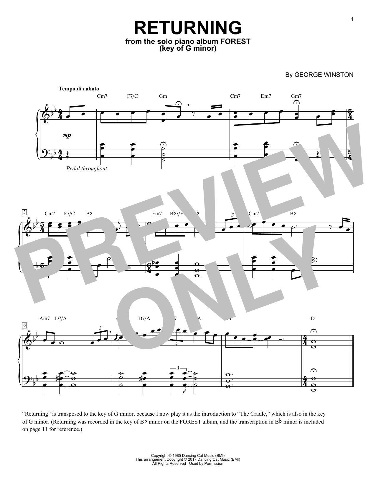 Download George Winston Returning In The Key Of G Minor Sheet Music