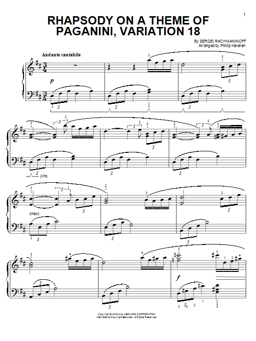 Download Sergei Rachmaninoff Rhapsody On A Theme Of Paganini, Variat Sheet Music