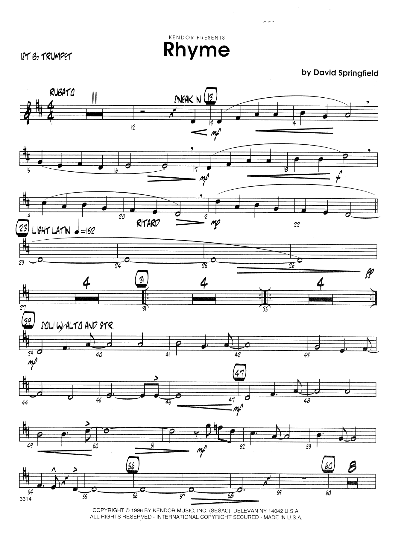 Download Dave Springfield Rhyme - 1st Bb Trumpet Sheet Music