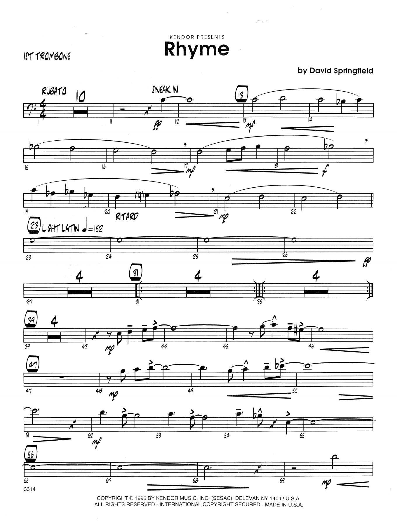 Download Dave Springfield Rhyme - 1st Trombone Sheet Music