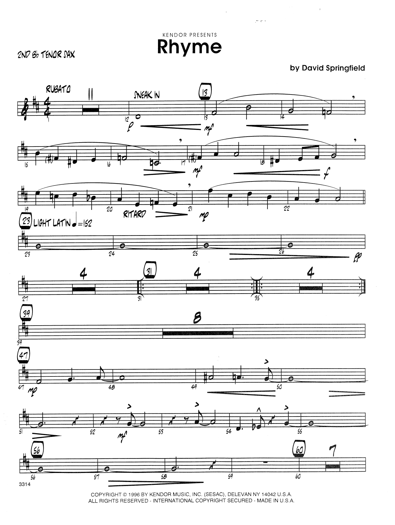 Download Dave Springfield Rhyme - 2nd Bb Tenor Saxophone Sheet Music