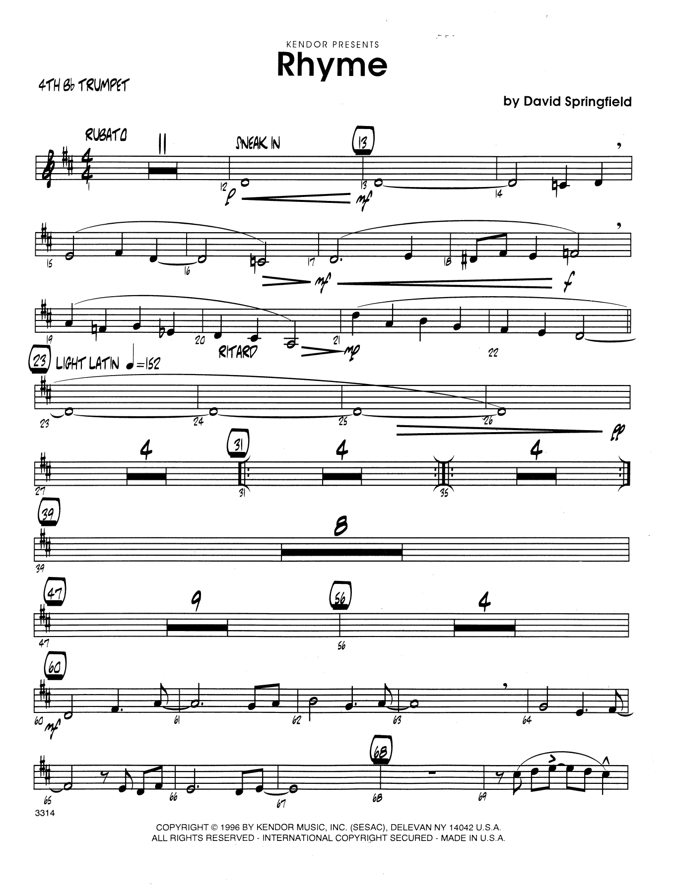 Download Dave Springfield Rhyme - 4th Bb Trumpet Sheet Music