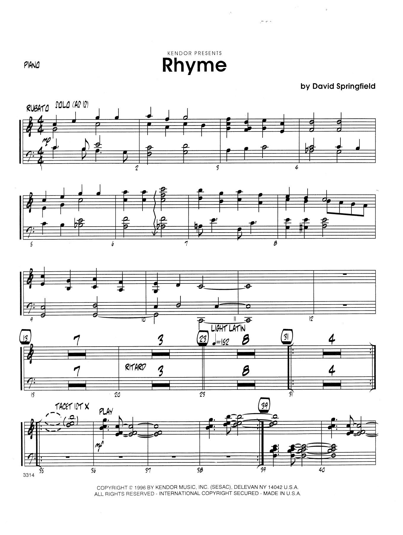 Download Dave Springfield Rhyme - Piano Sheet Music