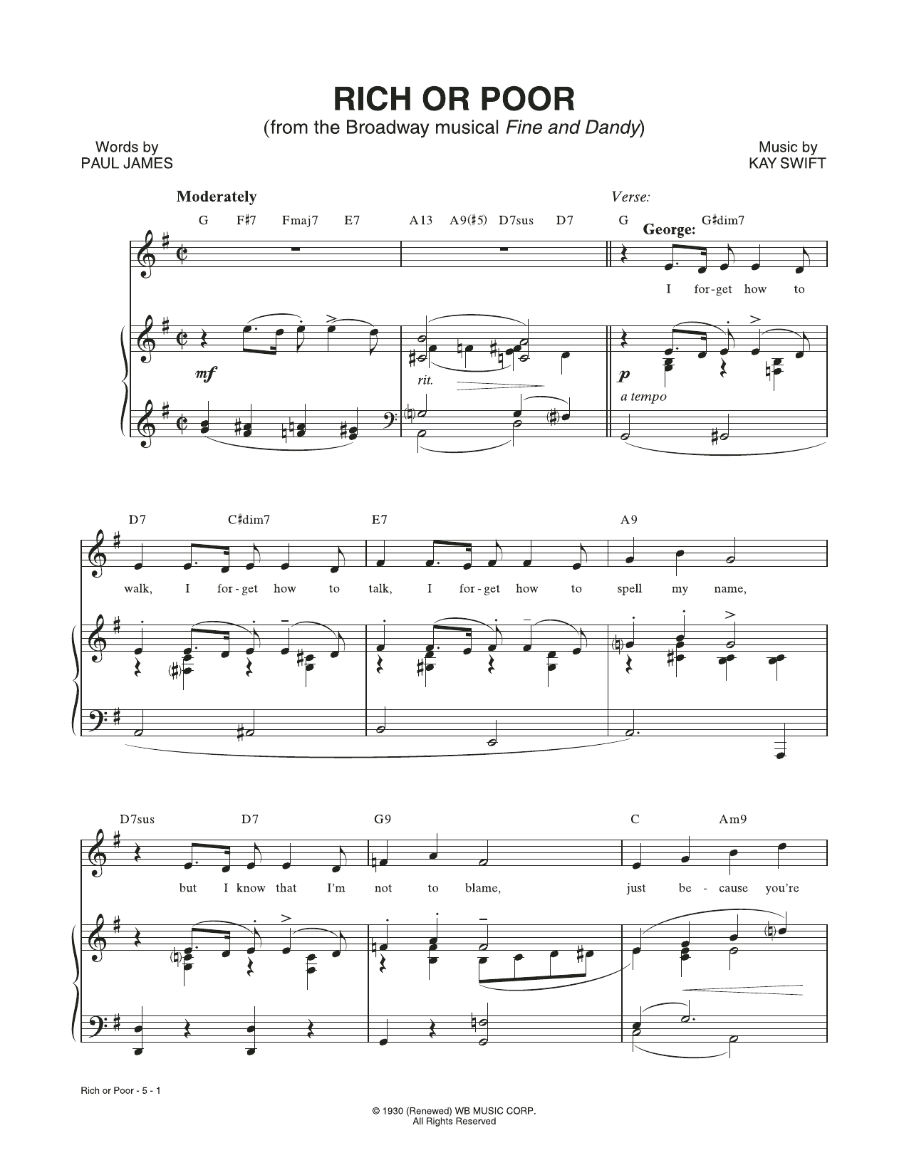 Download Kay Swift & Paul James Rich Or Poor (from the musical Fine and Sheet Music