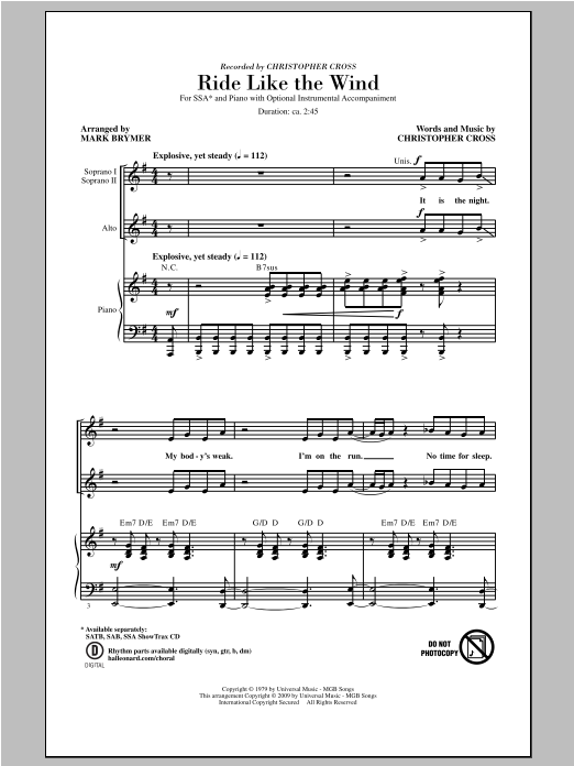 Download Christopher Cross Ride Like The Wind (arr. Mark Brymer) Sheet Music