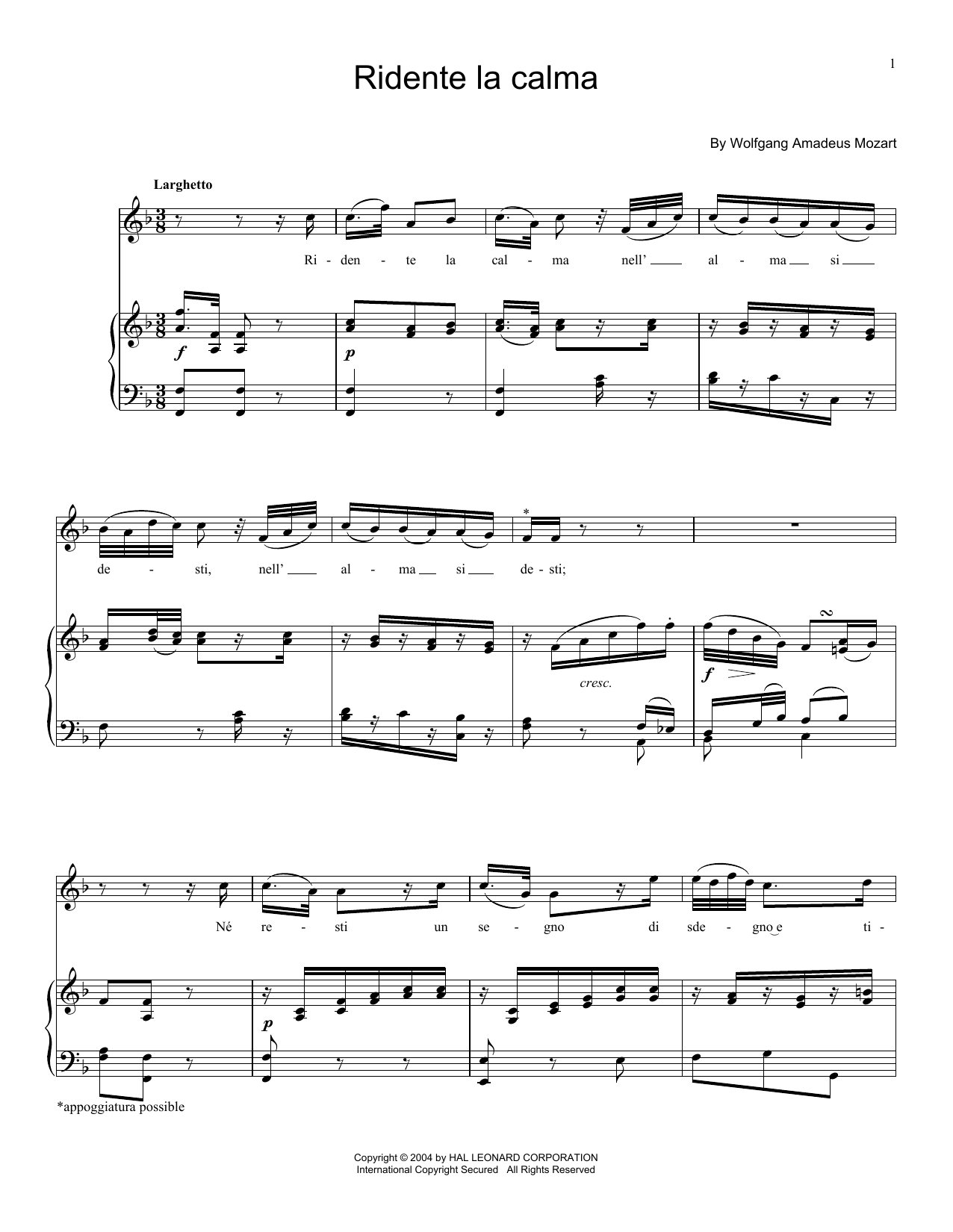 Download Wolfgang Amadeus Mozart Ridente La Calma, K. 152 Sheet Music