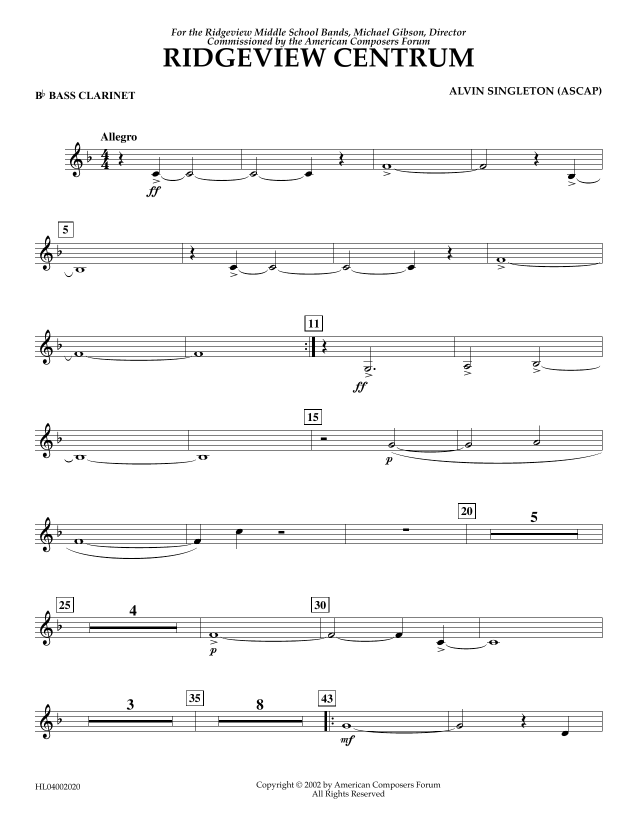 Download Alvin Singleton Ridgeview Centrum - Bb Bass Clarinet Sheet Music