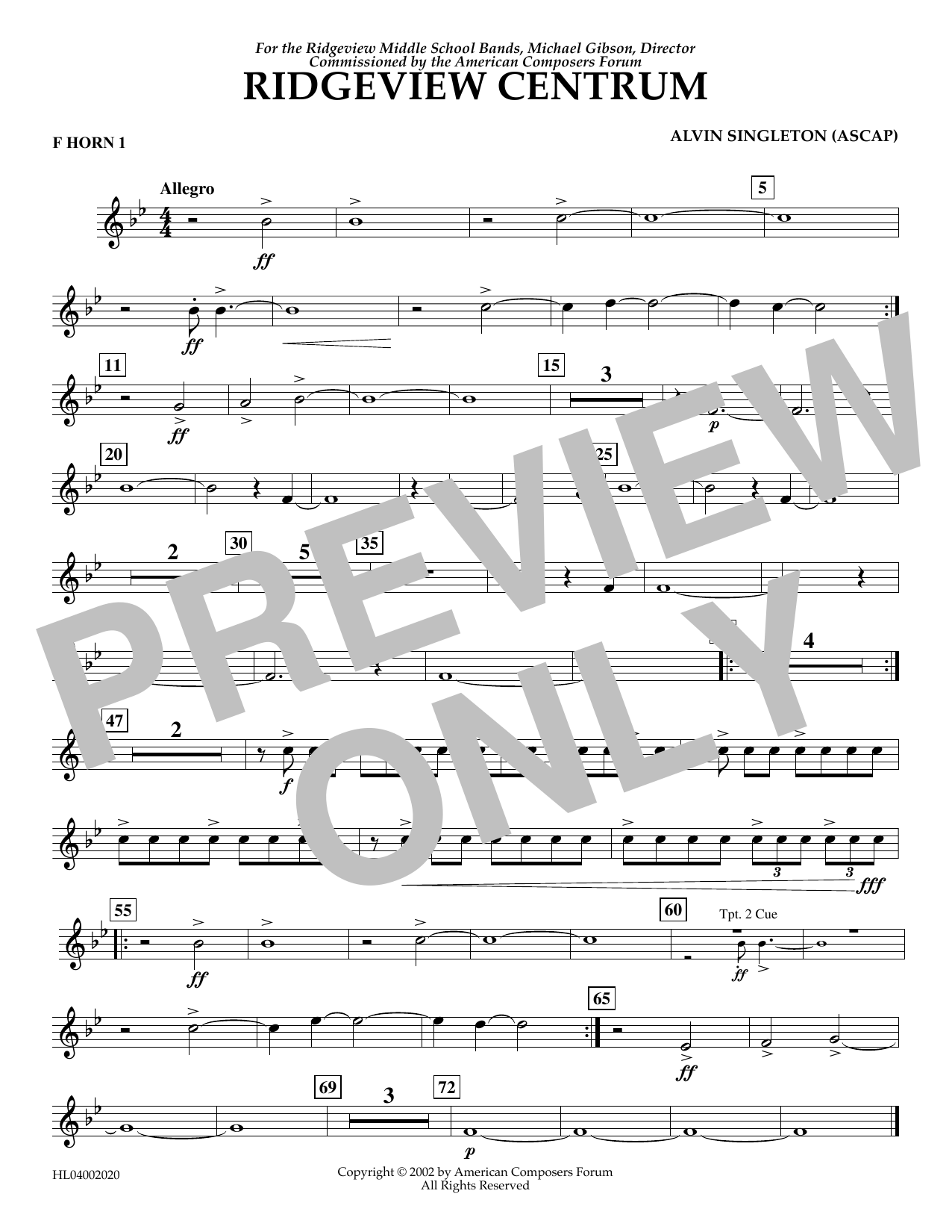 Download Alvin Singleton Ridgeview Centrum - F Horn 1 Sheet Music