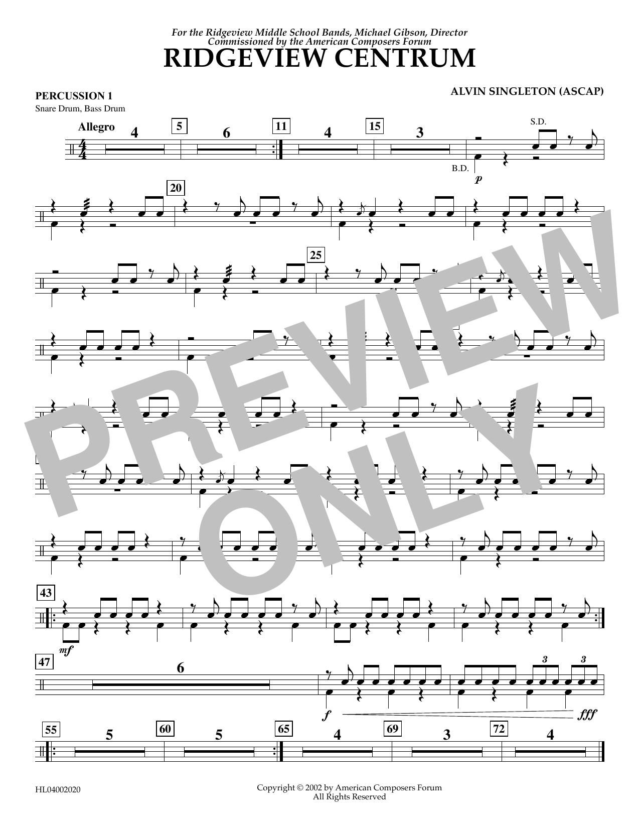 Download Alvin Singleton Ridgeview Centrum - Percussion 1 Sheet Music