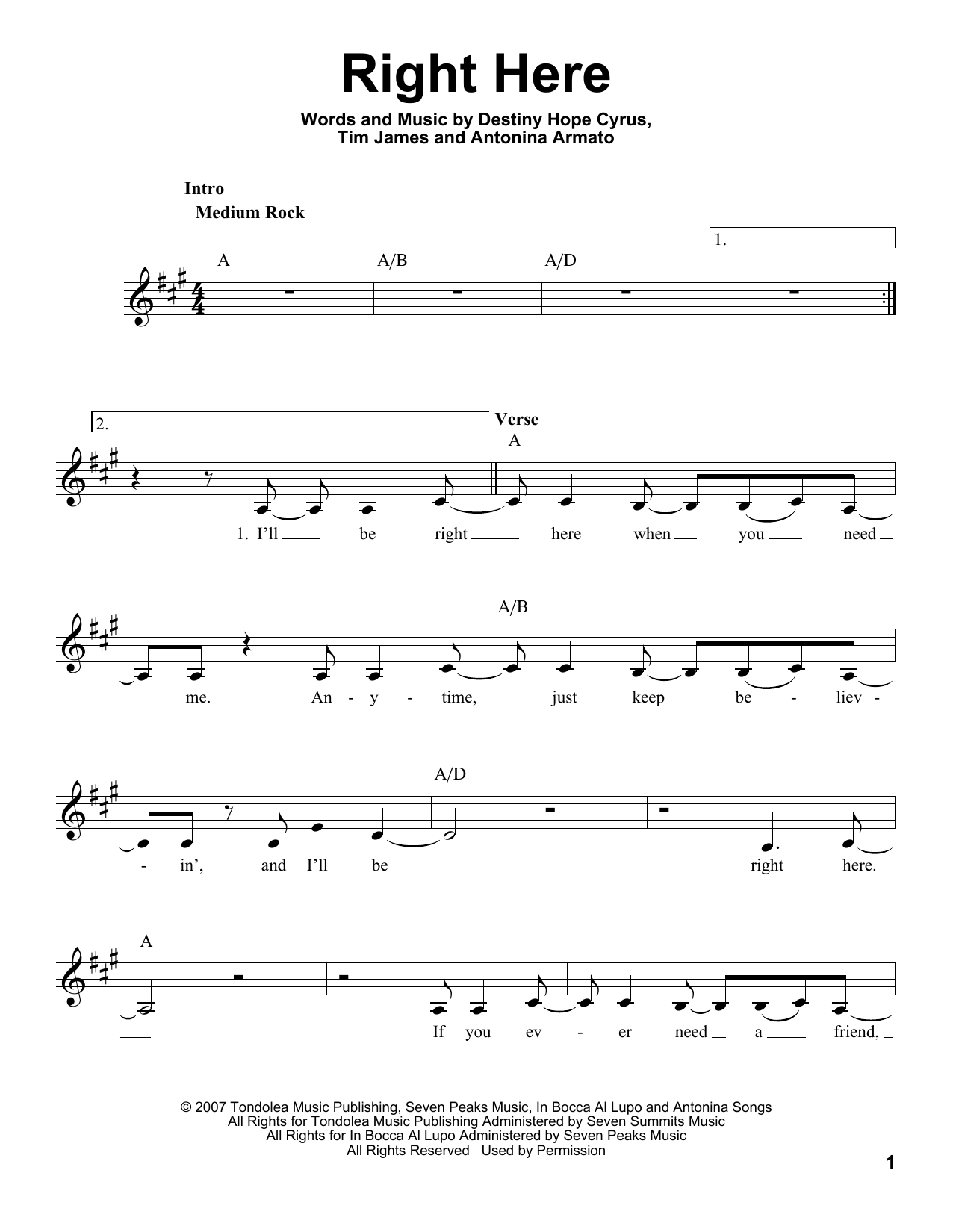 Download Miley Cyrus Right Here Sheet Music