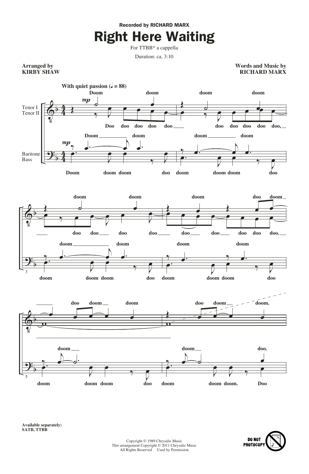 Download Richard Marx Right Here Waiting (arr. Kirby Shaw) Sheet Music