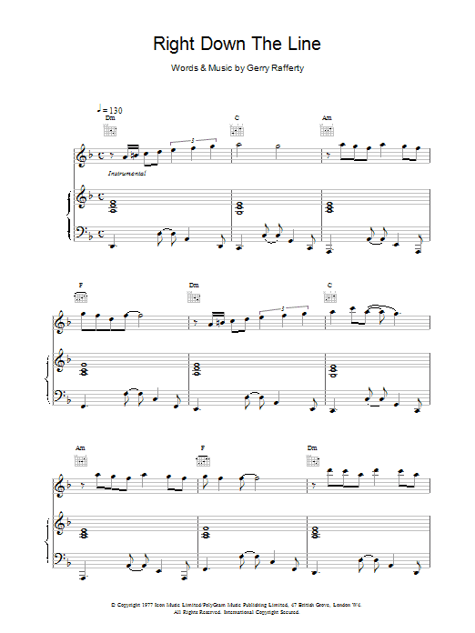 Gerry Rafferty Right Down The Line sheet music notes printable PDF score