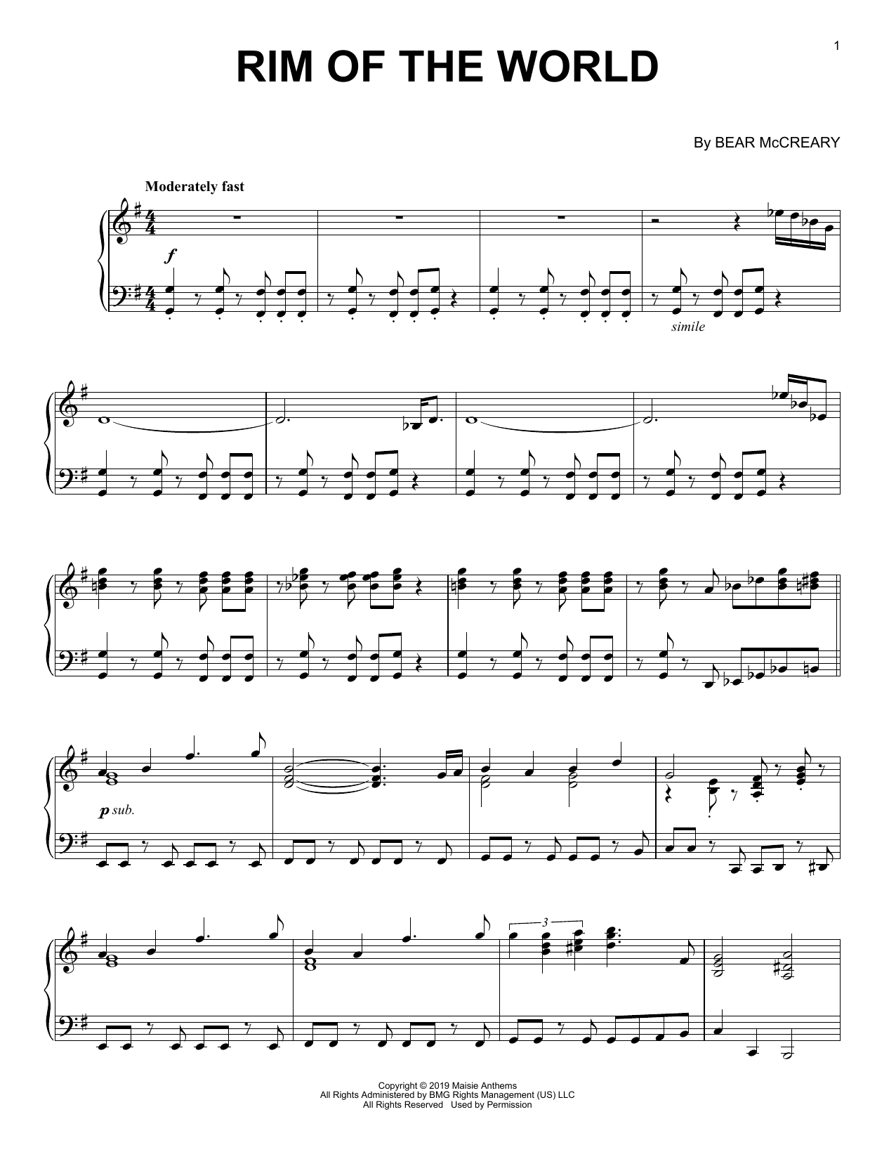 Bear McCreary Rim Of The World sheet music notes printable PDF score