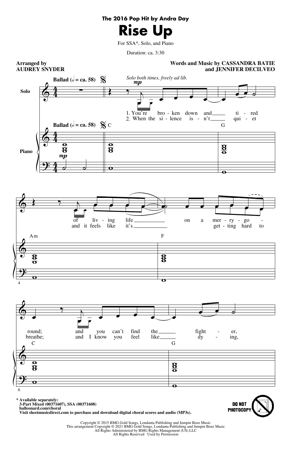 Download Andra Day Rise Up (arr. Audrey Snyder) Sheet Music