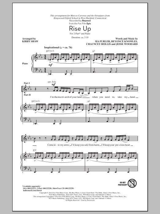 Download Beyoncé Rise Up (from Epic) (arr. Kirby Shaw) Sheet Music