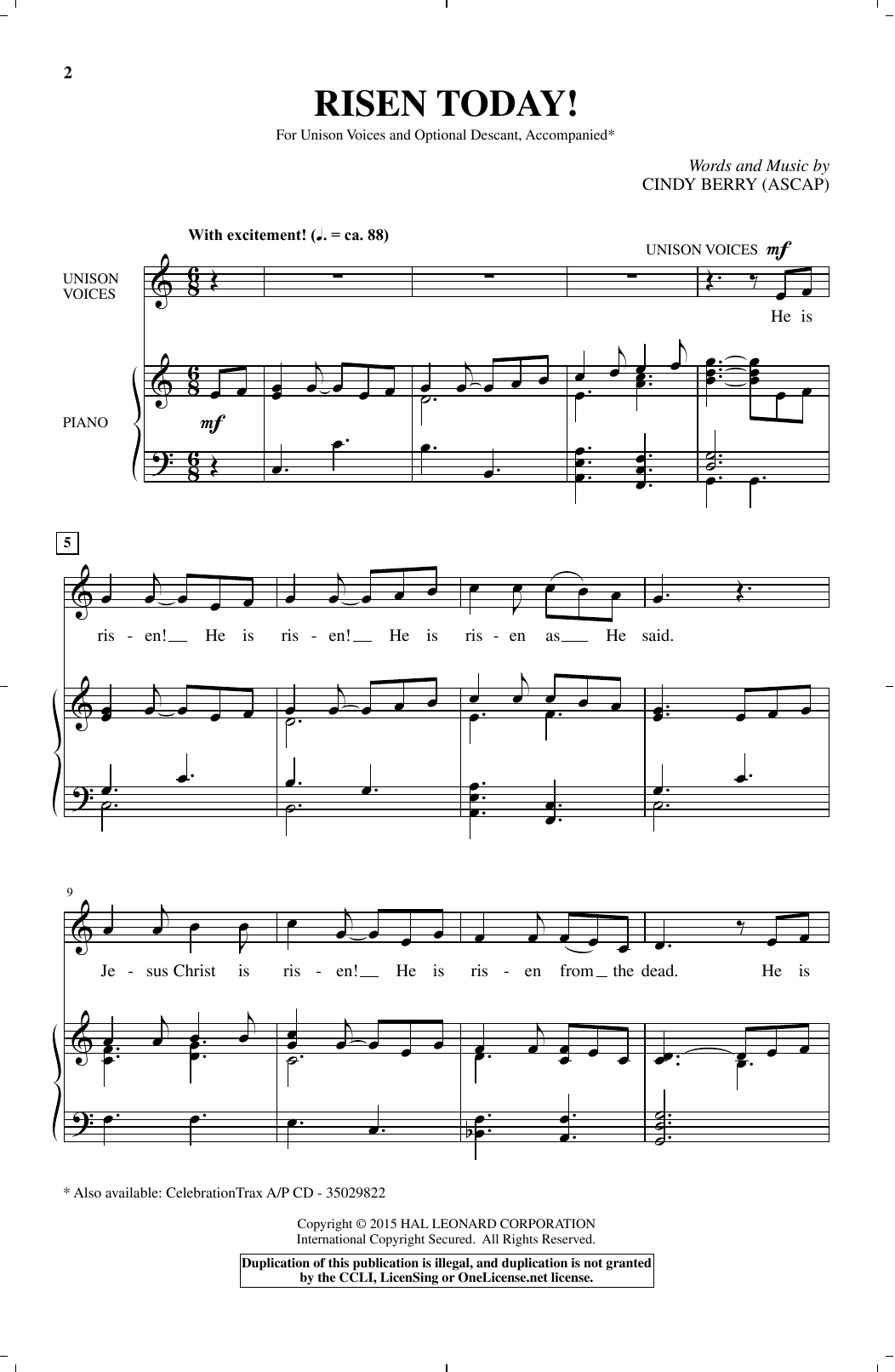Download Cindy Berry Risen Today! Sheet Music