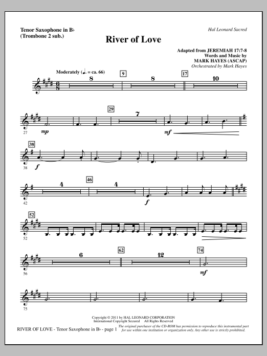 Download Mark Hayes River Of Love - Tenor Sax (sub. Tbn 2) Sheet Music