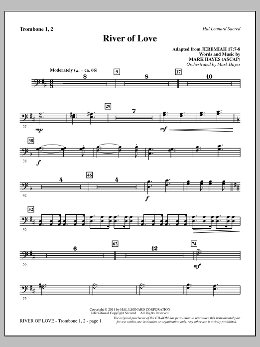 Download Mark Hayes River Of Love - Trombone 1 & 2 Sheet Music