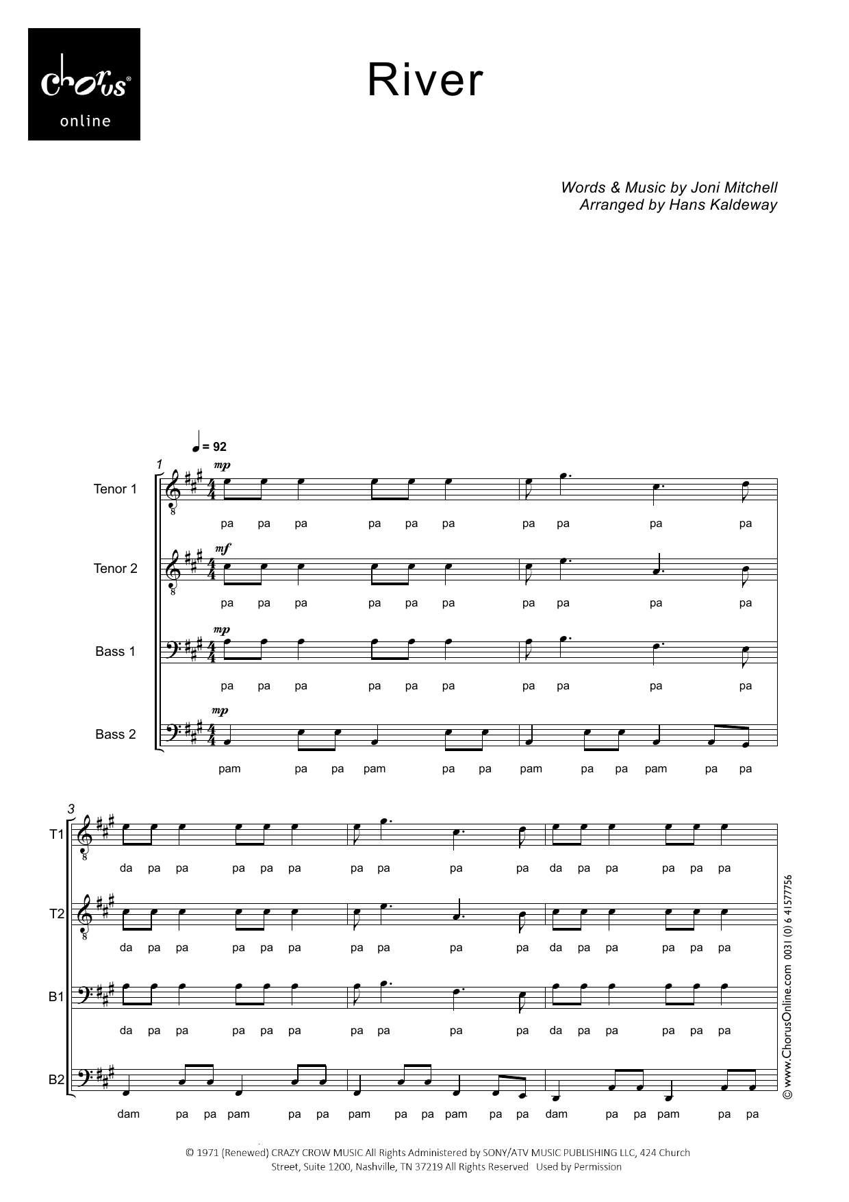 Joni Mitchell River (arr. Hans Kaldeway) sheet music notes printable PDF score