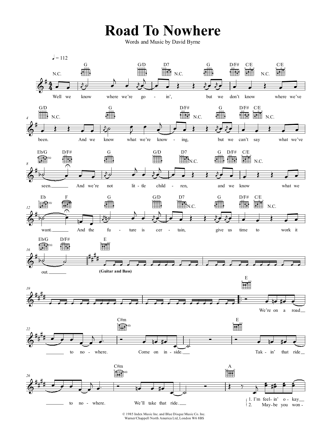 Download Talking Heads Road To Nowhere Sheet Music