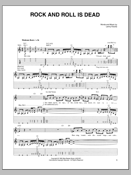 Download Lenny Kravitz Rock And Roll Is Dead Sheet Music