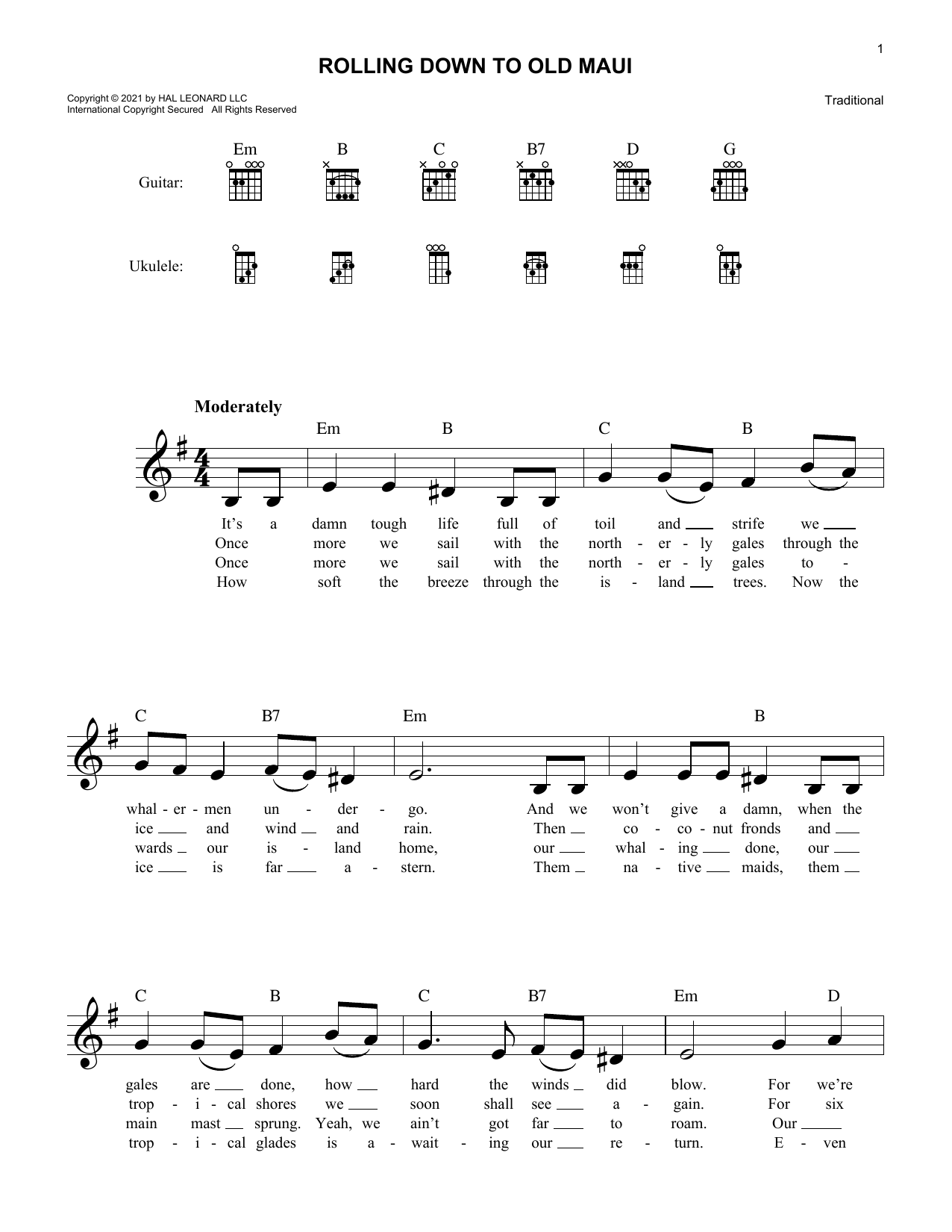 Download Traditional Rolling Down To Old Maui Sheet Music