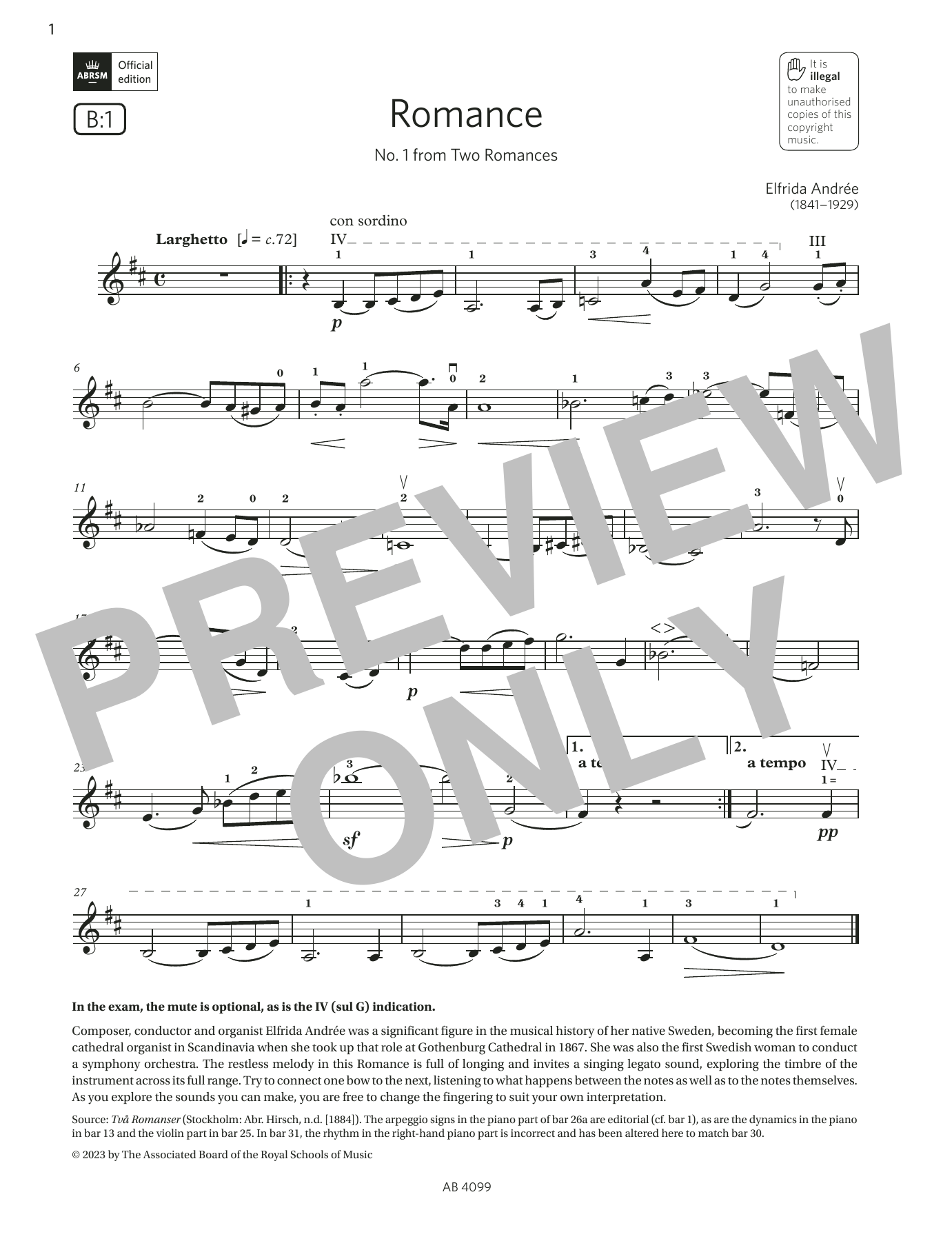 Download Elfrida Andrée Romance (Grade 5, B1, from the ABRSM Vi Sheet Music