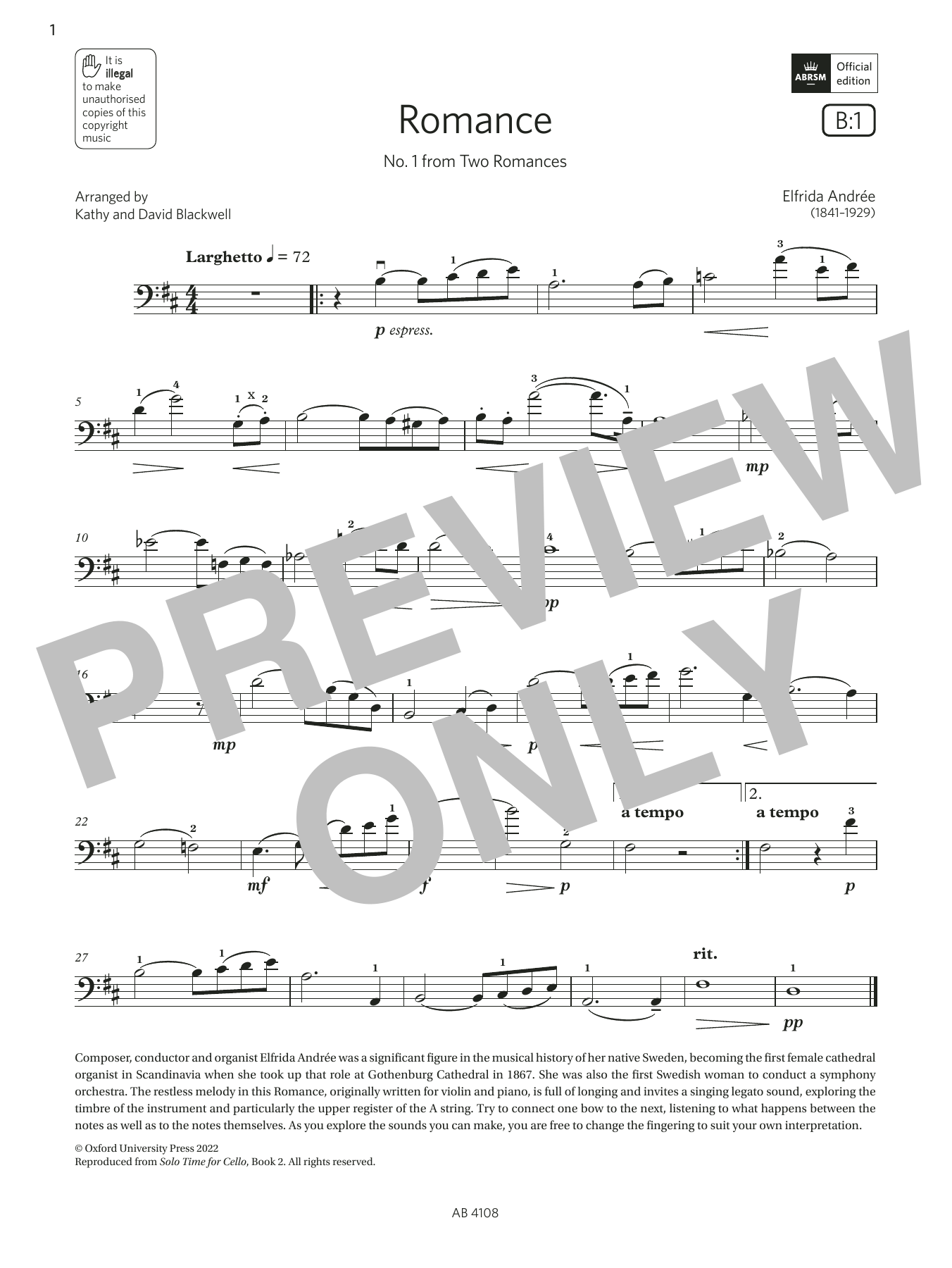 Download Elfrida Andrée Romance No. 1 (Grade 5, B1, from the AB Sheet Music